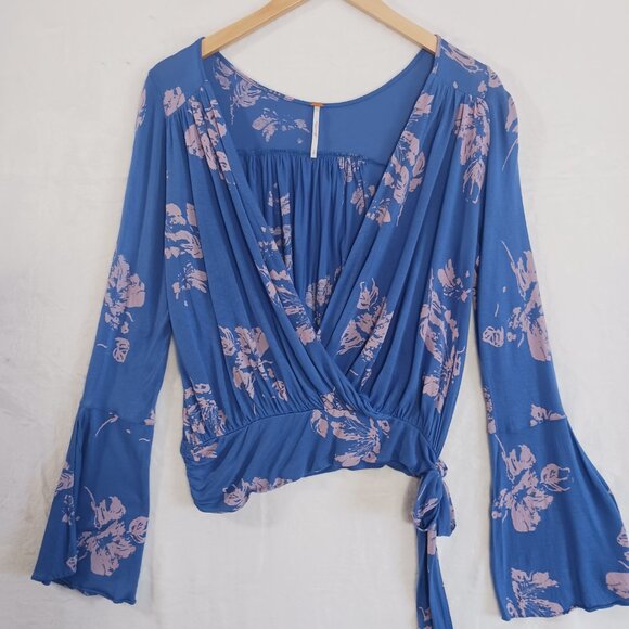 Free People, Small, Fiona, Blue, Long Sleeve, Boho Style, Surplice, Tie Waist - Picture 4 of 16